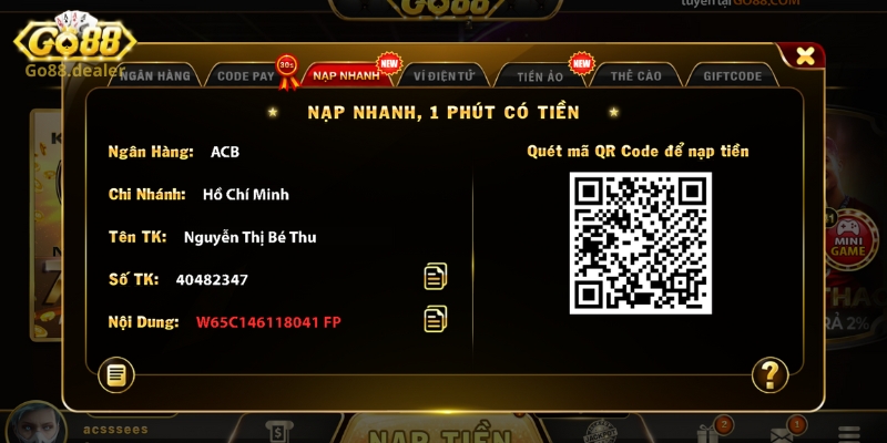 Nạp tiền Go88 với hình thức chuyển khoản nhanh 