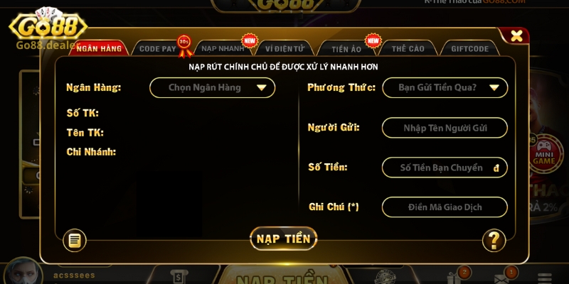 Thủ tục nạp tiền Go88 phổ biến với tài khoản ngân hàng